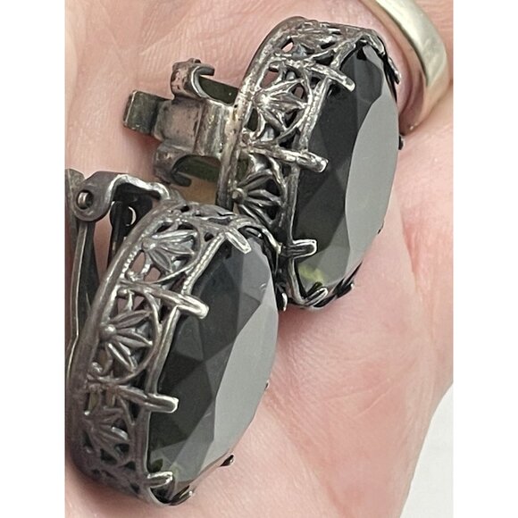 Vintage Made in Austria Dark Green Headlight Silver-tone Clip on Earrings HTF - Picture 16 of 16